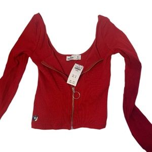 Hollister Red Zip Square Neck Long Sleeve Ribbed Shirt